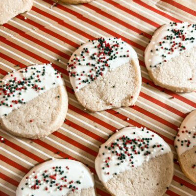 Chocolate dipped shortbread cookies with holiday sprinkles