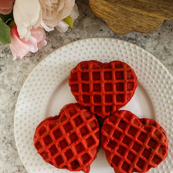 Red Velvet Waffles heart shaped for valentines day or christmas brunch