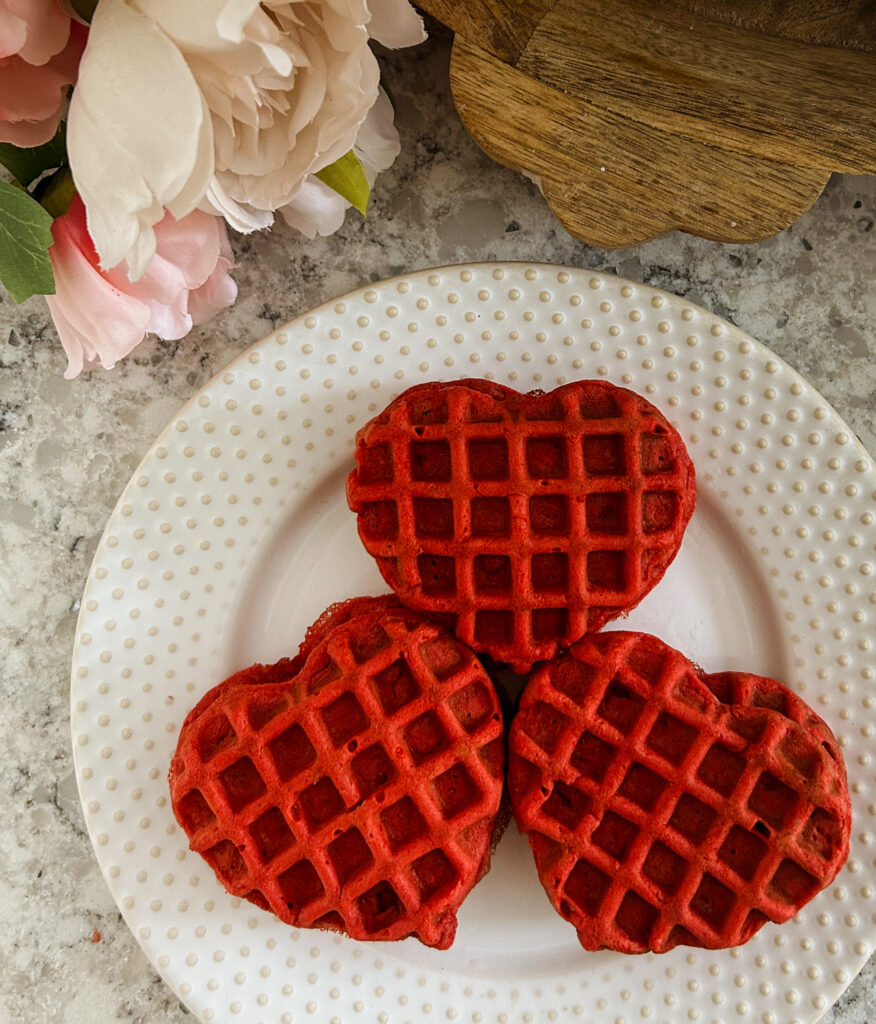 Red Velvet Waffles heart shaped for valentines day or christmas brunch