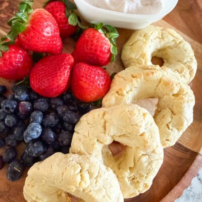 2 Ingredient Dough Farmer Cheese Bagels with fruit and farmer cheese spread