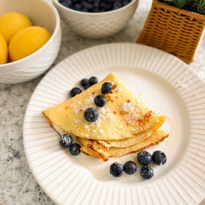 lemon sugar crepes topped with blueberries