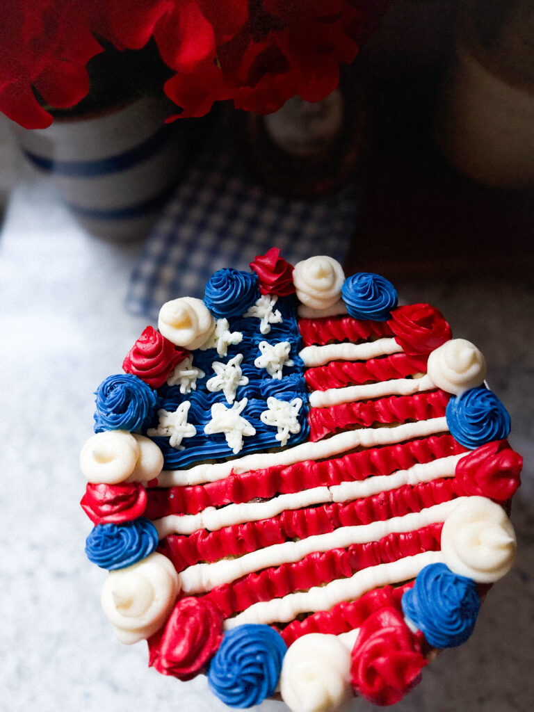 chocolate chip cookie cake with flag icing